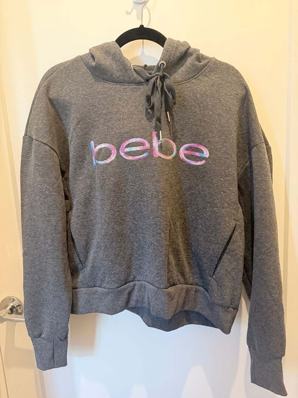 bebe Sport Womens 2X Charcoal Rainbow Sequin Hoodie Sweatshirt